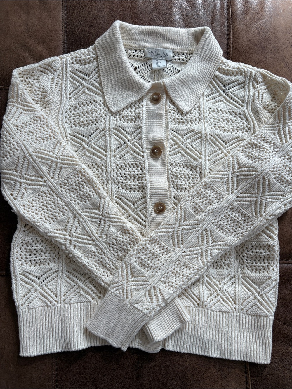 Rachel Zoe Ivory Pointelle Polo Cardigan